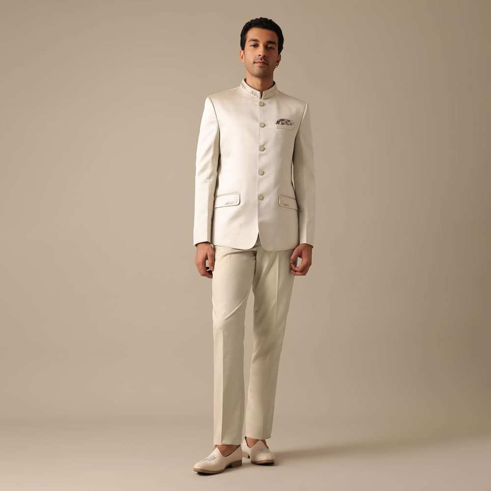 Beige Bandhgala Jodhpuri Pant Set With Embroidered Detail
