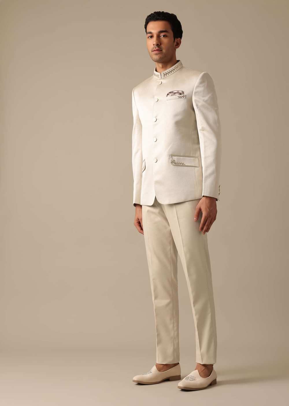 Beige Bandhgala Jodhpuri Pant Set With Embroidered Detail