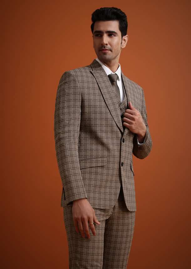 Brown Checkered Tuxedo And Pant Set Brown Checkered Tuxedo And Pant Set