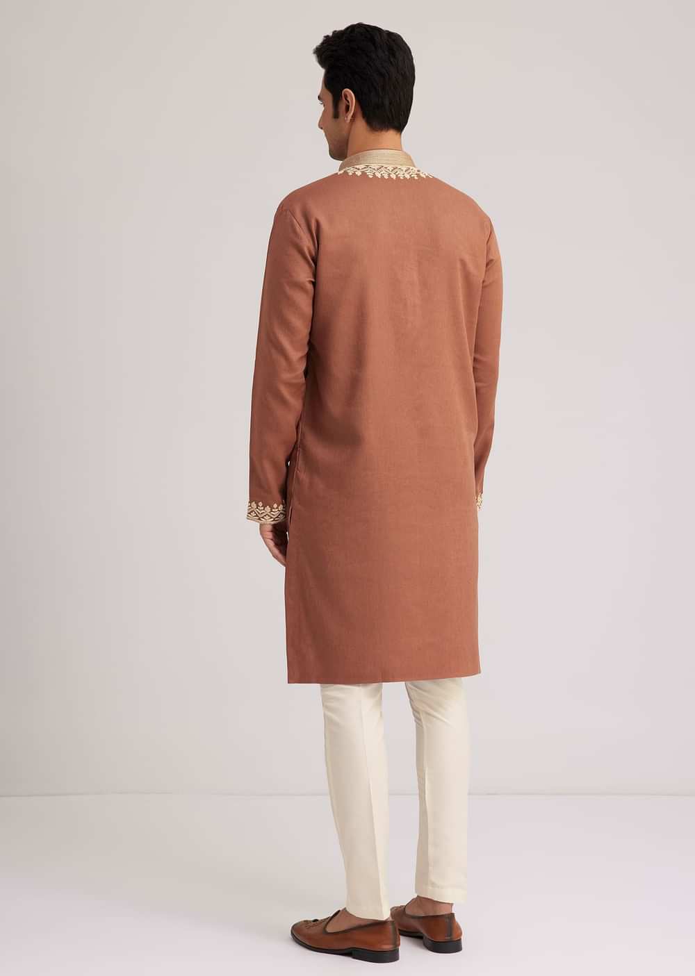 Brown Cotton Kurta Set With Embroidered Yoke And Sleeve Cuffs