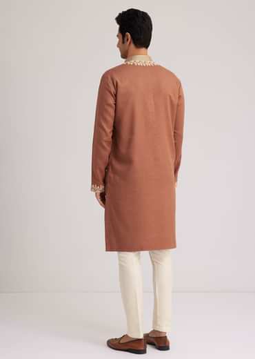 Brown Cotton Kurta Set With Embroidered Yoke And Sleeve Cuffs