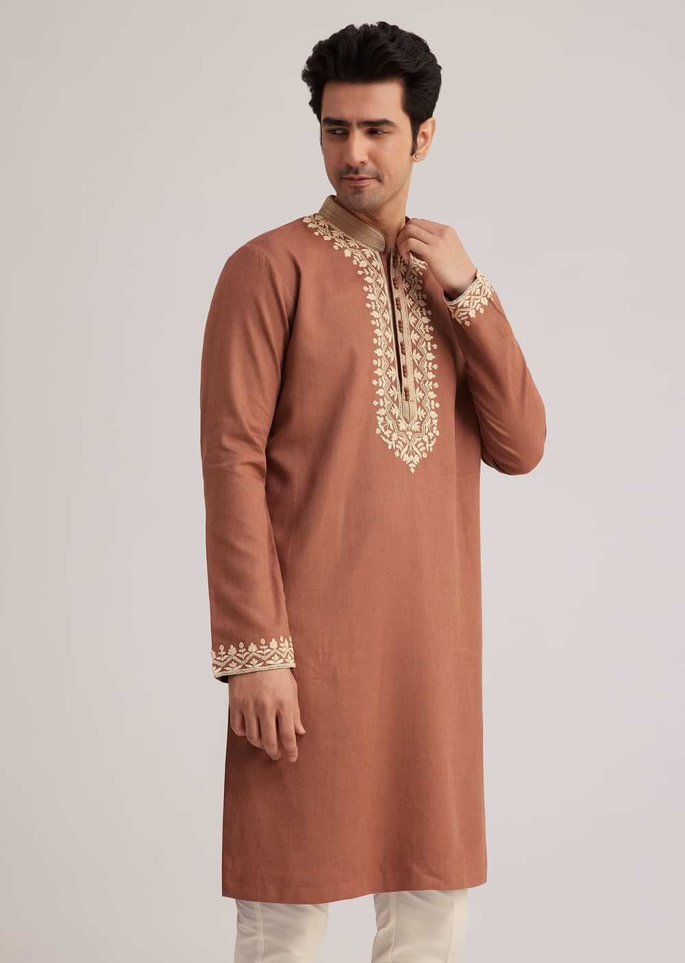 Brown Cotton Kurta Set With Embroidered Yoke And Sleeve Cuffs