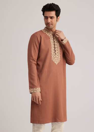Brown Cotton Kurta Set With Embroidered Yoke And Sleeve Cuffs