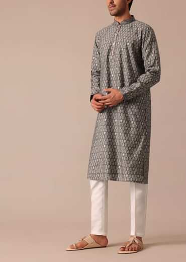Grey Embroidered Kurta Set In Muslin Silk With Foil Work