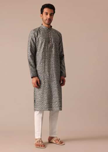 Grey Embroidered Kurta Set In Muslin Silk With Foil Work