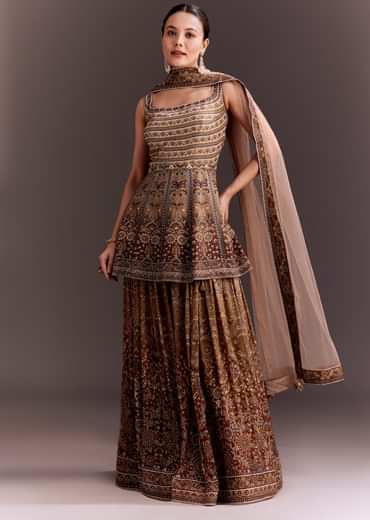 Brown Embroidered Palazzo Set With Peplum Kurta