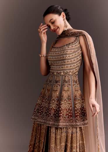 Brown Embroidered Palazzo Set With Peplum Kurta