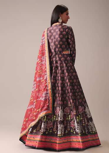 Brown Floral Printed Anarkali Suit Set In Tussar Silk