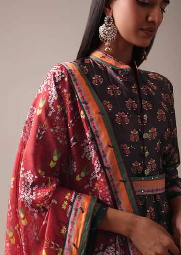 Brown Floral Printed Anarkali Suit Set In Tussar Silk