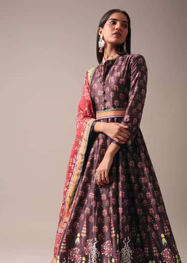 Brown Floral Printed Anarkali Suit Set In Tussar Silk