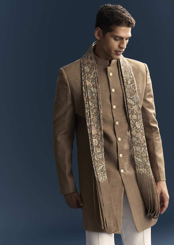 Brown Jacquard Indo Western Set For Men With Embroidered Stole Brown Jacquard Indo Western Set For Men With Embroidered Stole