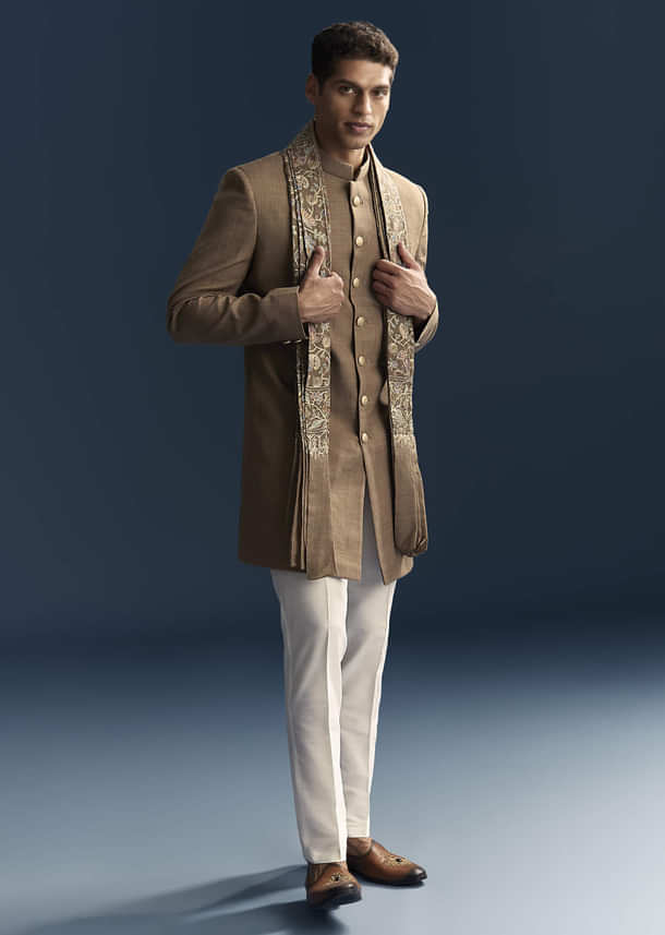 Brown Jacquard Indo Western Set For Men With Embroidered Stole Brown Jacquard Indo Western Set For Men With Embroidered Stole