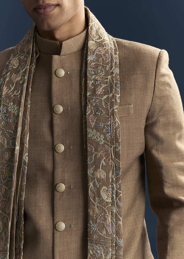 Brown Jacquard Indo Western Set For Men With Embroidered Stole Brown Jacquard Indo Western Set For Men With Embroidered Stole