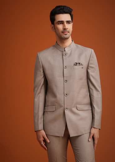 Brown Jodhpuri Set With Mandarin Collar