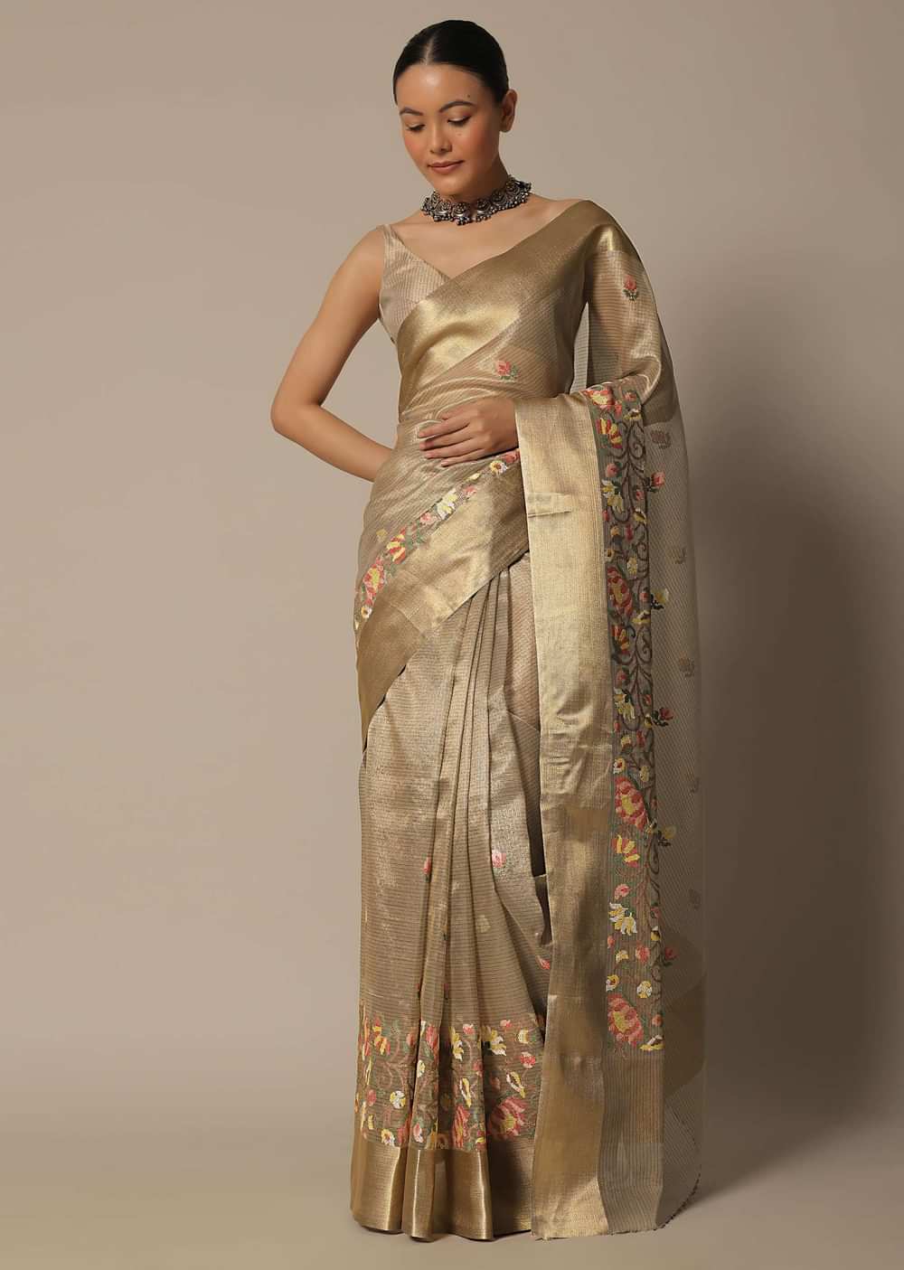 Brown Kora Silk Saree With Multi-Color Thread Work