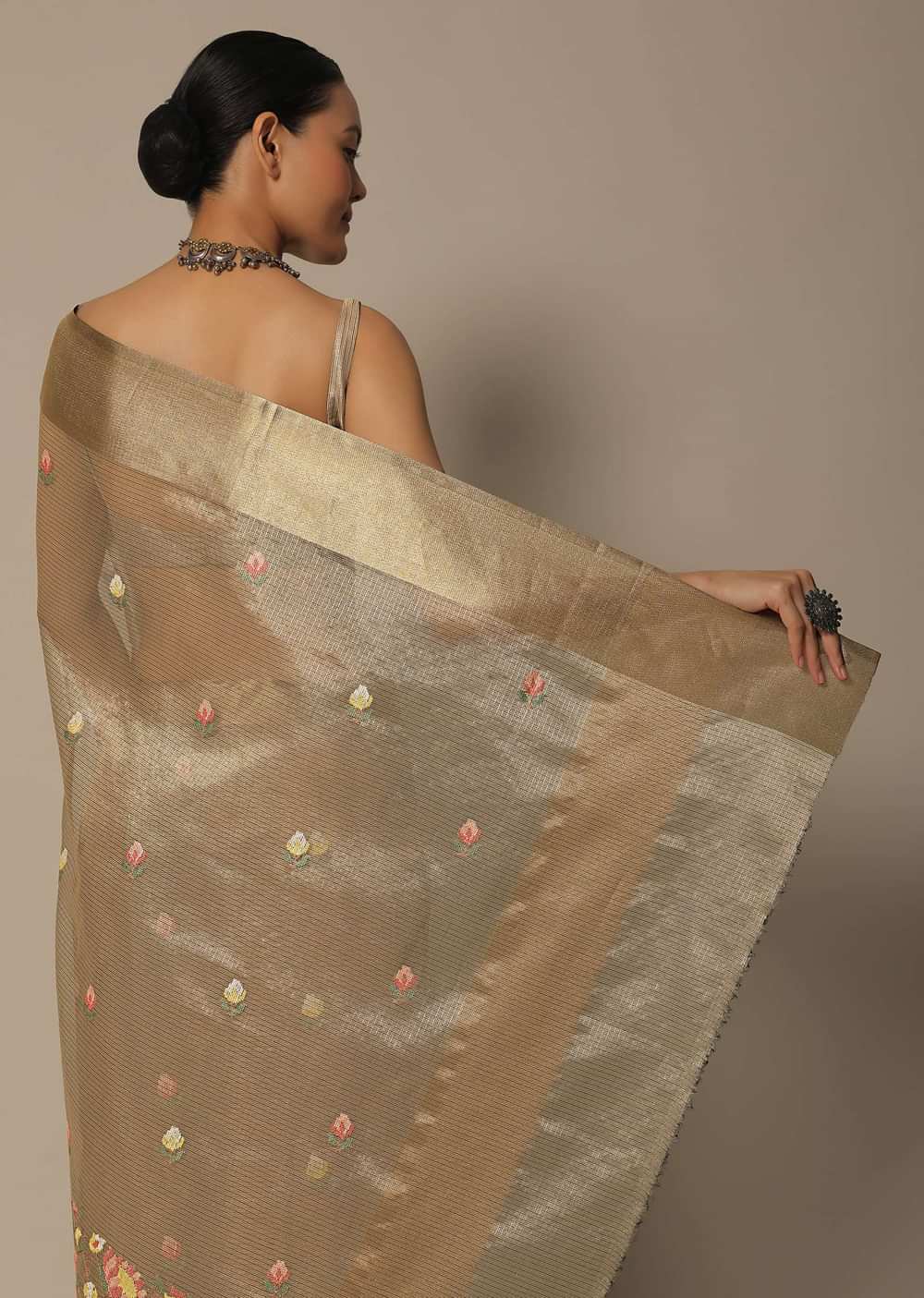 Brown Kora Silk Saree With Multi-Color Thread Work