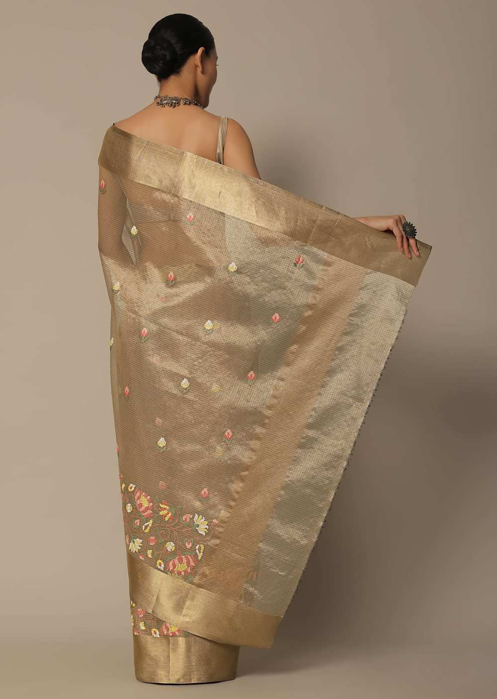 Brown Kora Silk Saree With Multi-Color Thread Work