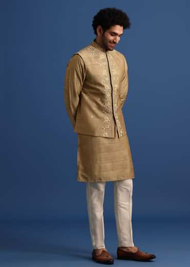 Brown Kurta Jacket Set With Thread And Mirror Work