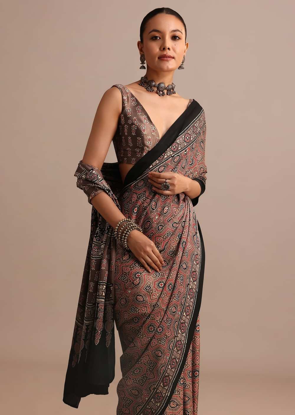 Brown Modal Satin Ajrakh Handblock Printed Saree