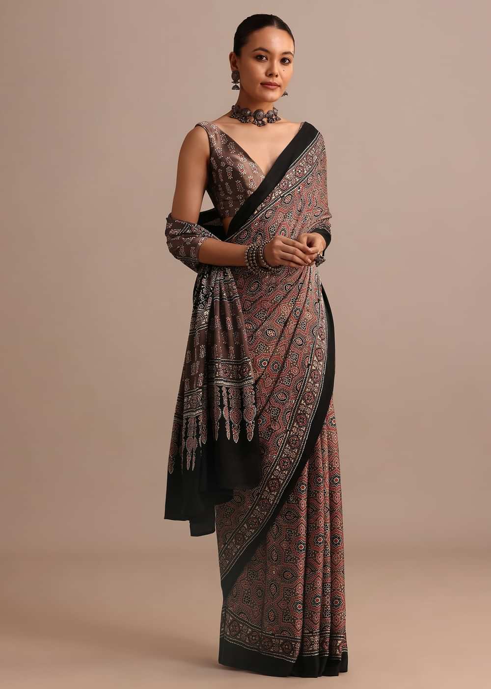 Brown Modal Satin Ajrakh Handblock Printed Saree