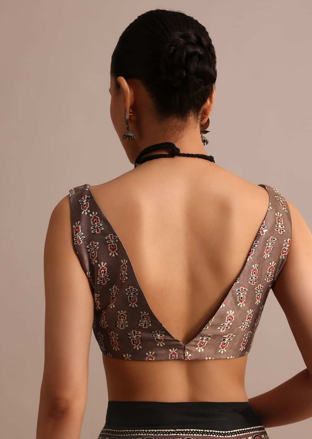 Brown Modal Satin Ajrakh Handblock Printed Saree