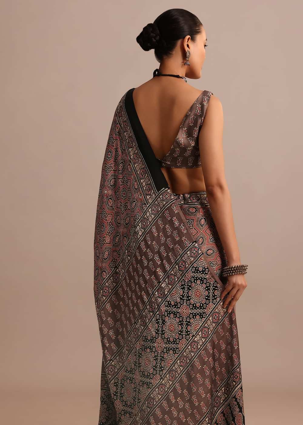 Brown Modal Satin Ajrakh Handblock Printed Saree