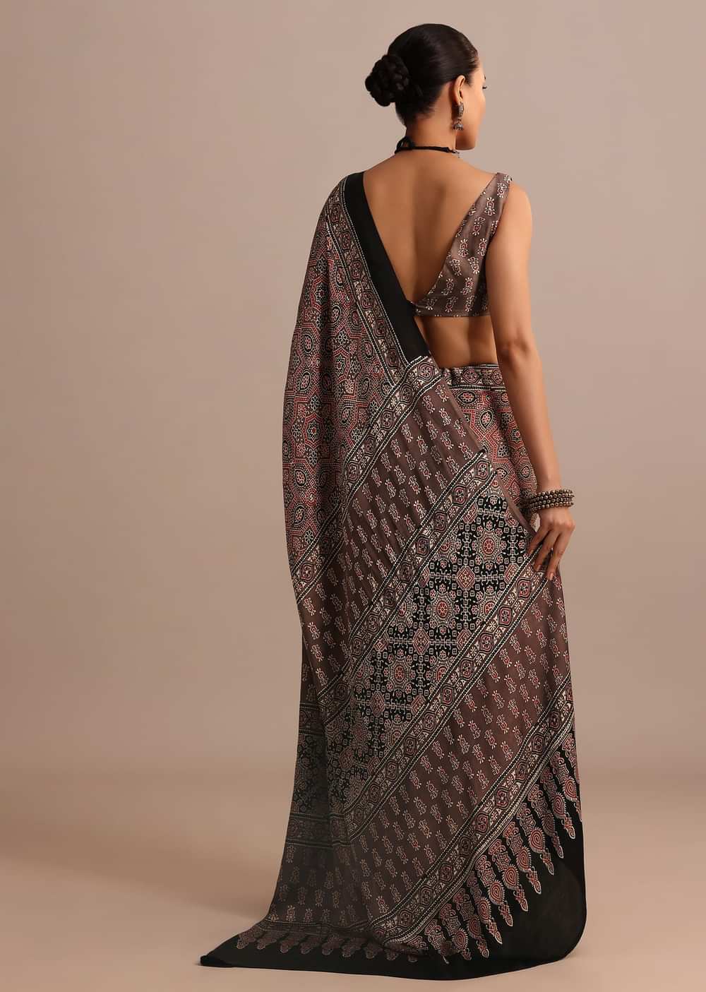 Brown Modal Satin Ajrakh Handblock Printed Saree