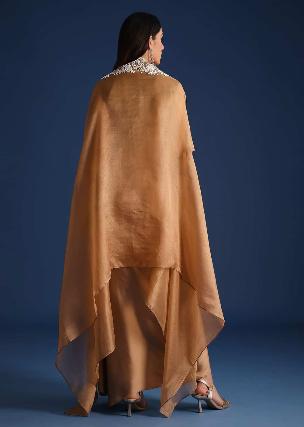 Brown Moti Work Jacket With Skirt And Crop Top