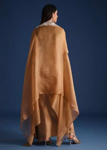 Brown Moti Work Jacket With Skirt And Crop Top