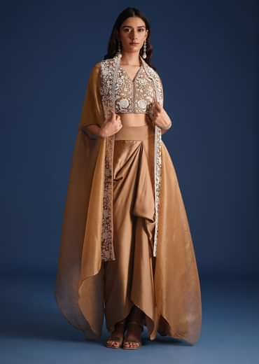 Brown Moti Work Jacket With Skirt And Crop Top