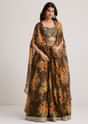 Brown Organza Floral Print Set With Zardosi And Sequins Work