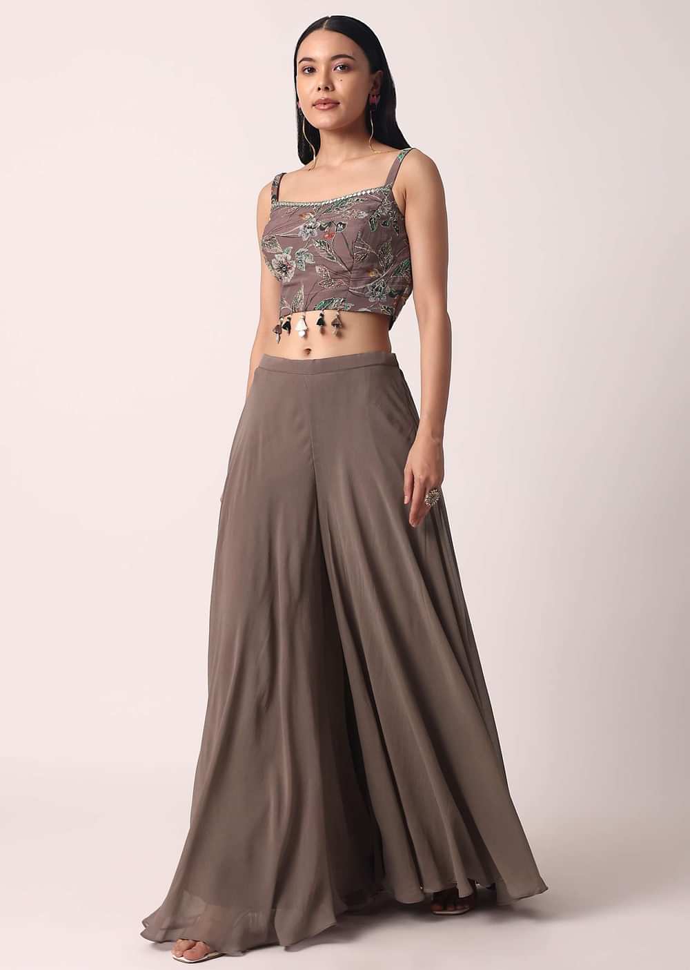 Brown Palazzo Set With Printed Jacket In Organza