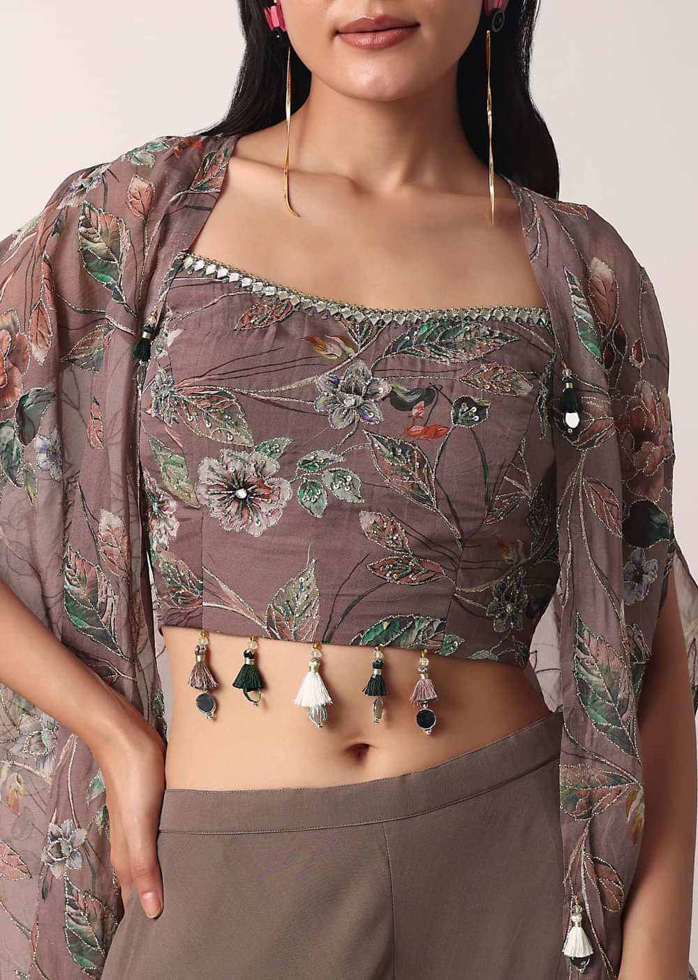Brown Palazzo Set With Printed Jacket In Organza