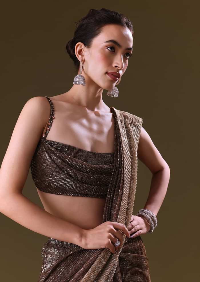 Brown Pre Stitched Saree With Cowl Blouse