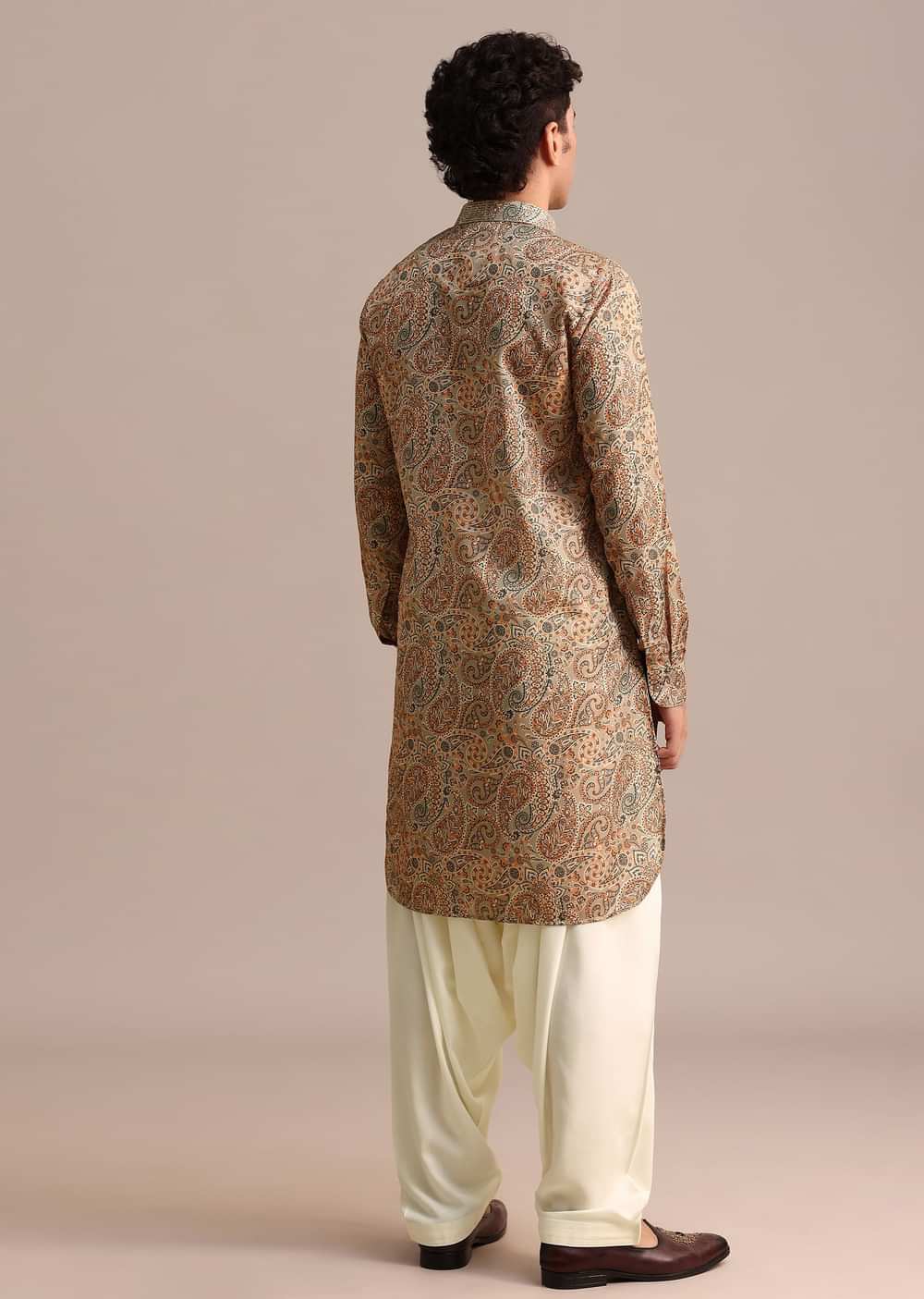 Brown Printed Mens Kurta Patiala Set