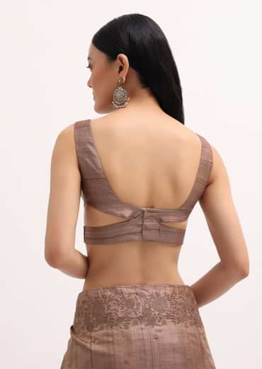 Brown Resham Work Tussar Saree With Unstitched Blouse