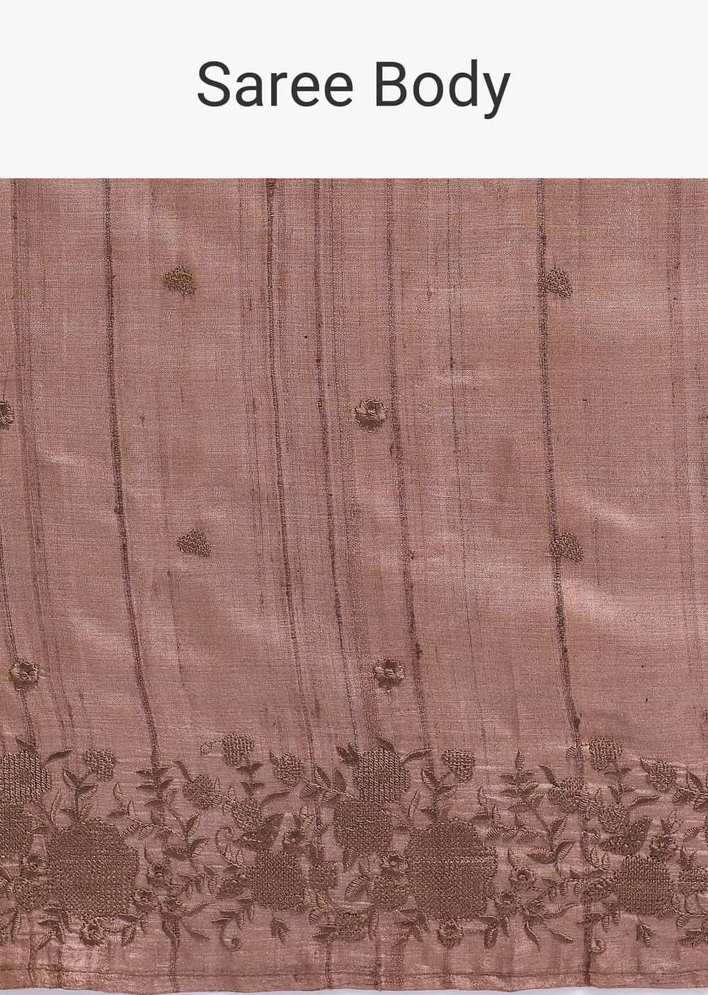 Brown Resham Work Tussar Saree With Unstitched Blouse