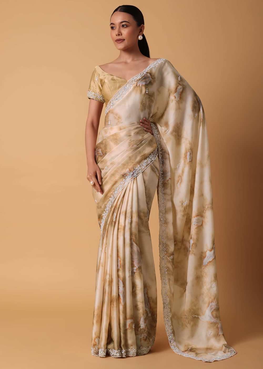 Brown Satin Marble Print Saree With Unstitched Blouse Piece