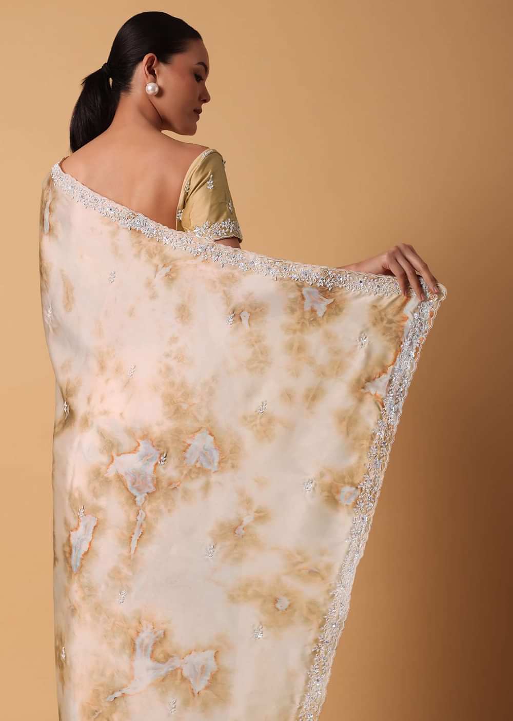 Brown Satin Marble Print Saree With Unstitched Blouse Piece