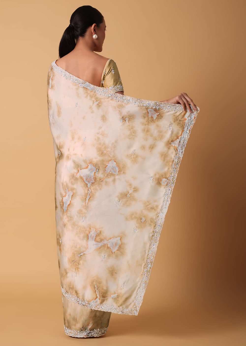 Brown Satin Marble Print Saree With Unstitched Blouse Piece