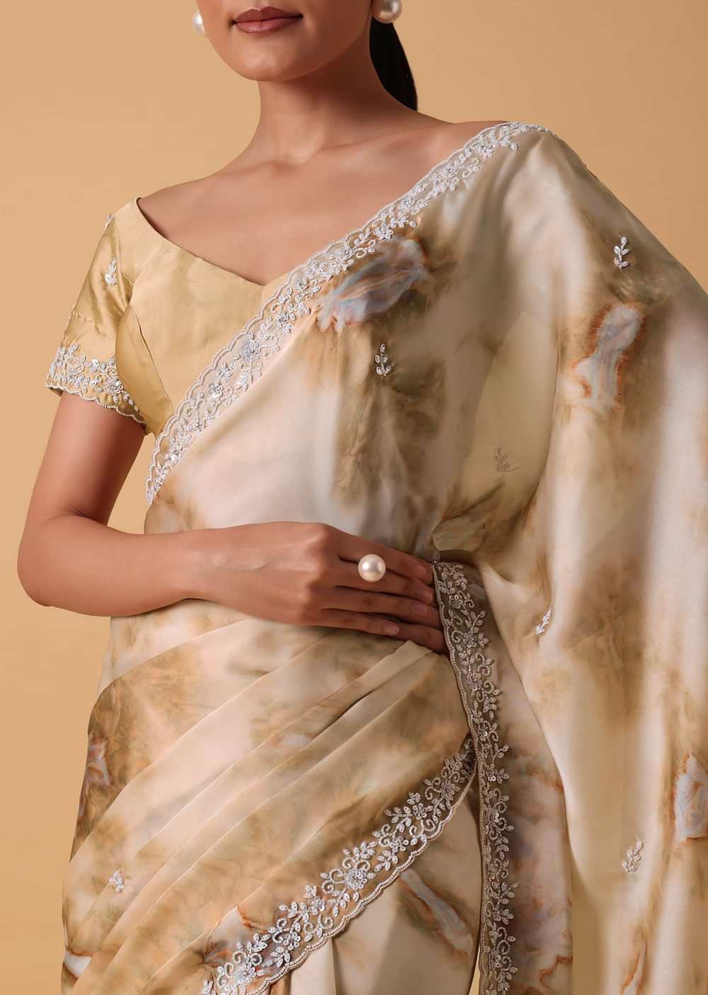 Brown Satin Marble Print Saree With Unstitched Blouse Piece