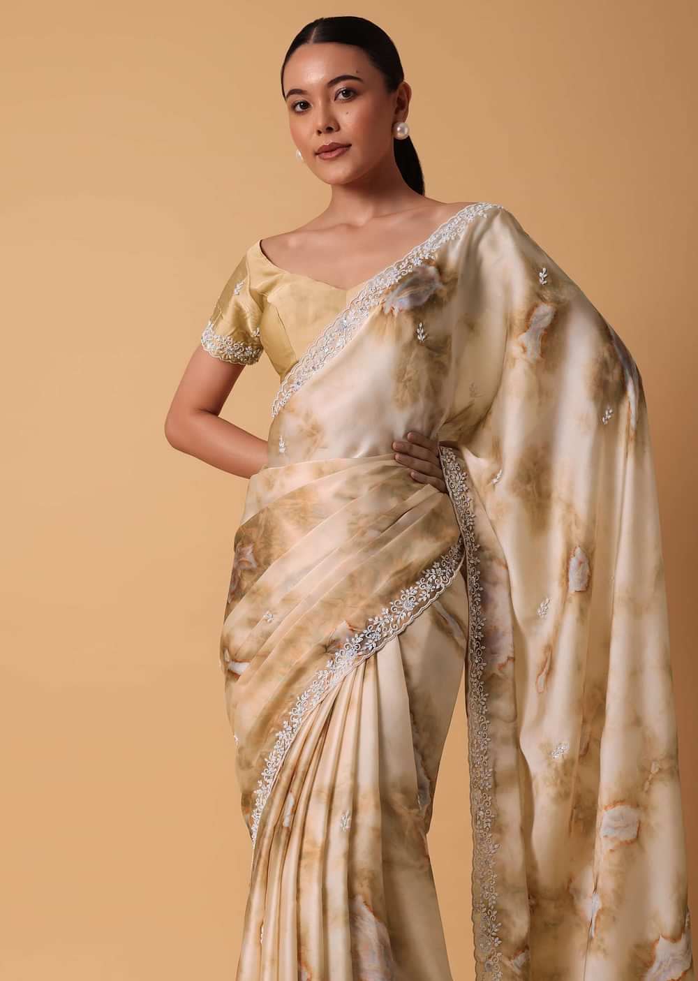 Brown Satin Marble Print Saree With Unstitched Blouse Piece