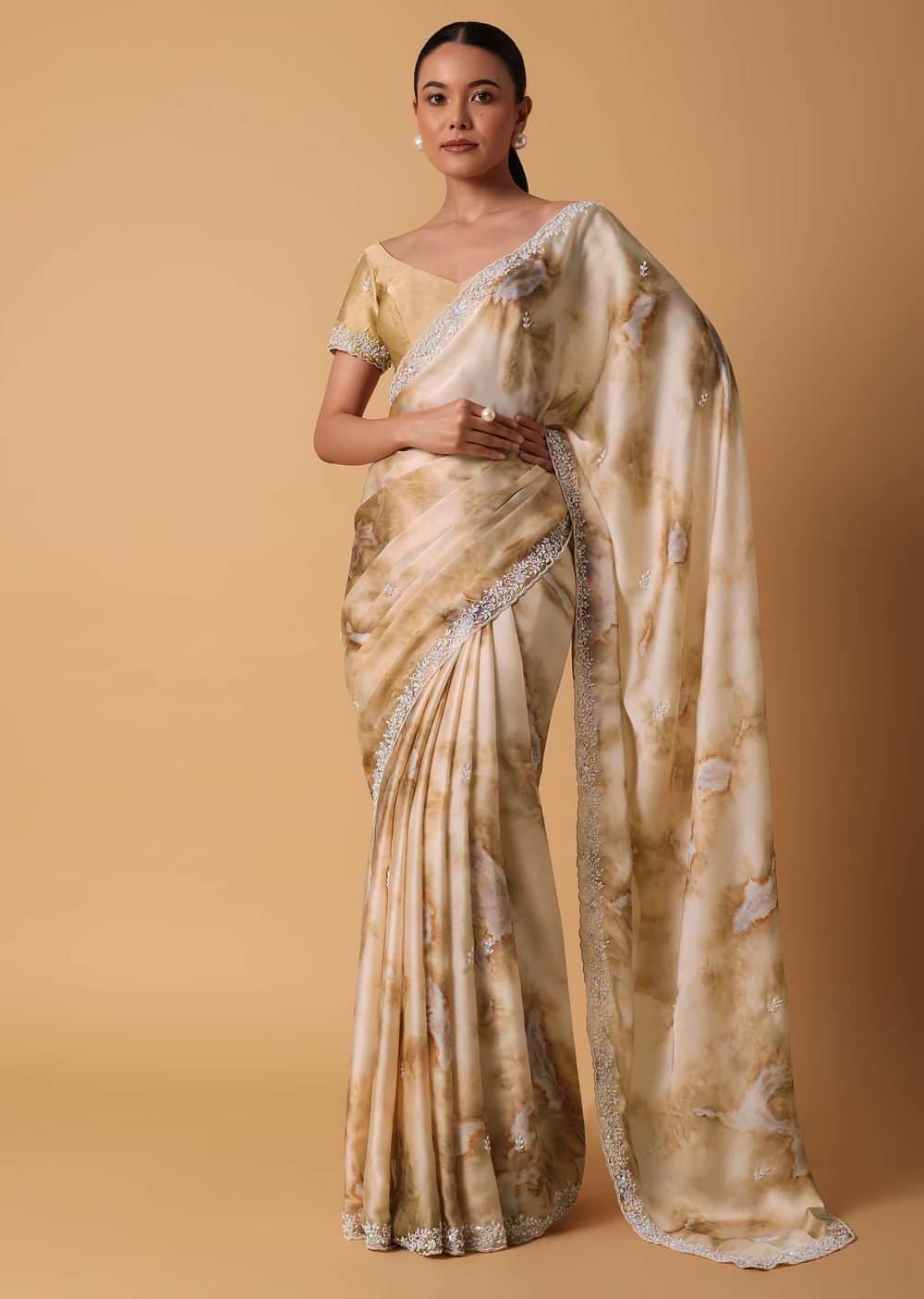 Brown Satin Marble Print Saree With Unstitched Blouse Piece