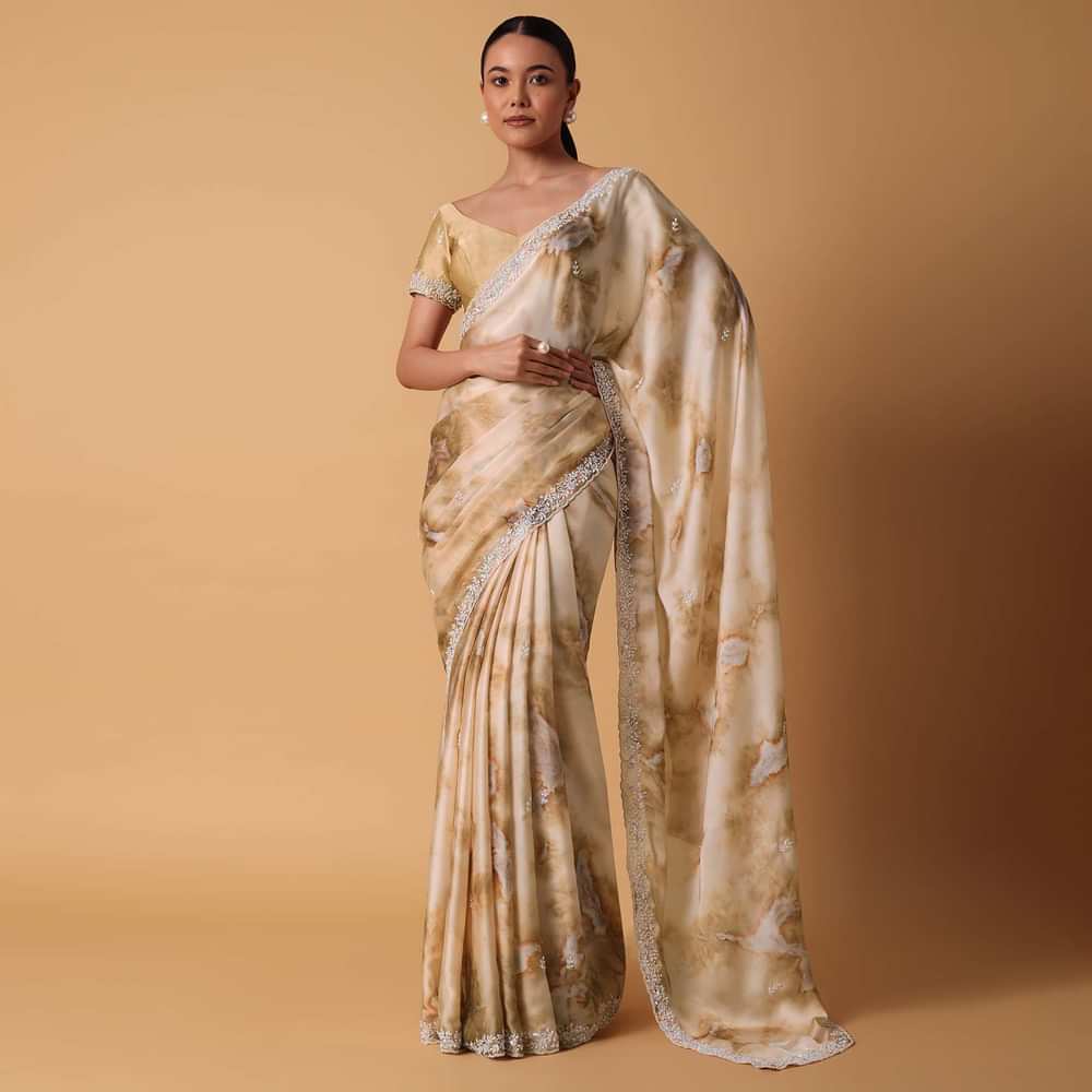 Brown Satin Marble Print Saree With Unstitched Blouse Piece
