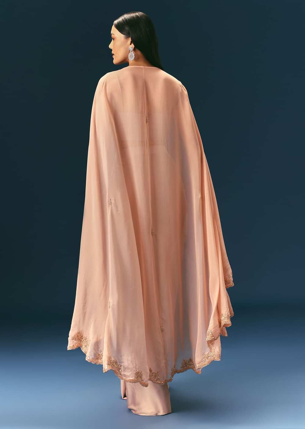 Brown Scallop Embroidered Cape With Bustier And Draped Skirt