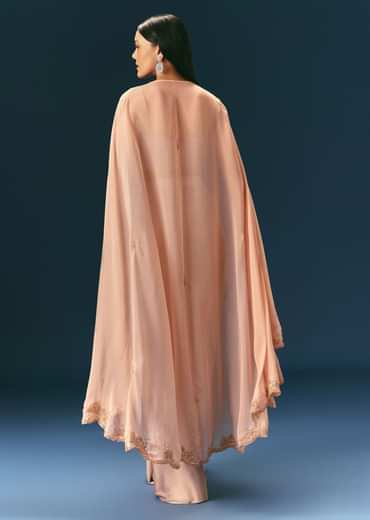 Brown Scallop Embroidered Cape With Bustier And Draped Skirt