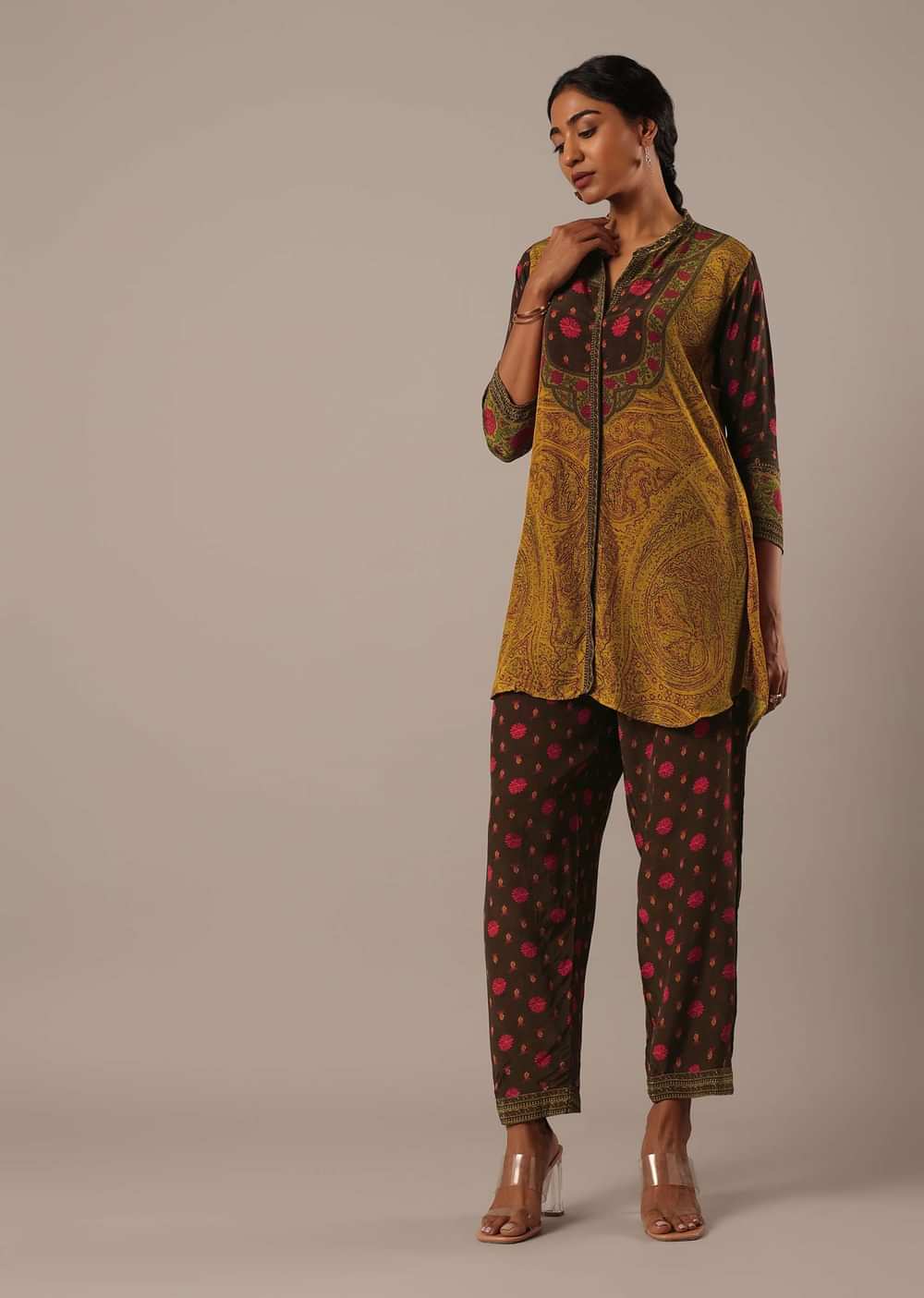 Brown Short Kurti Set With Printed Detail