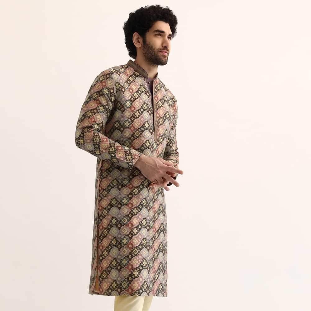 Brown Silk Printed Kurta Set For Men