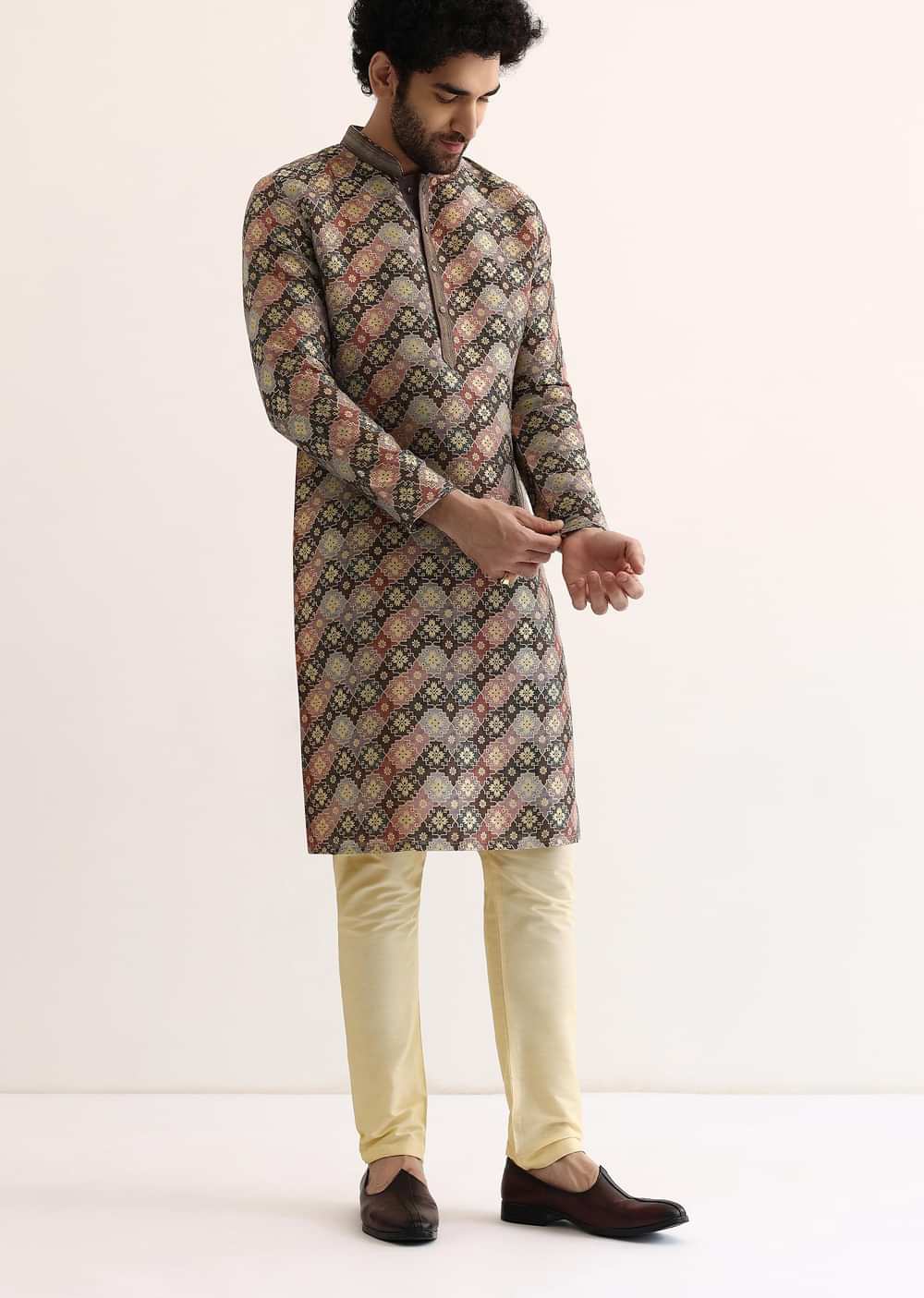 Brown Silk Printed Kurta Set For Men