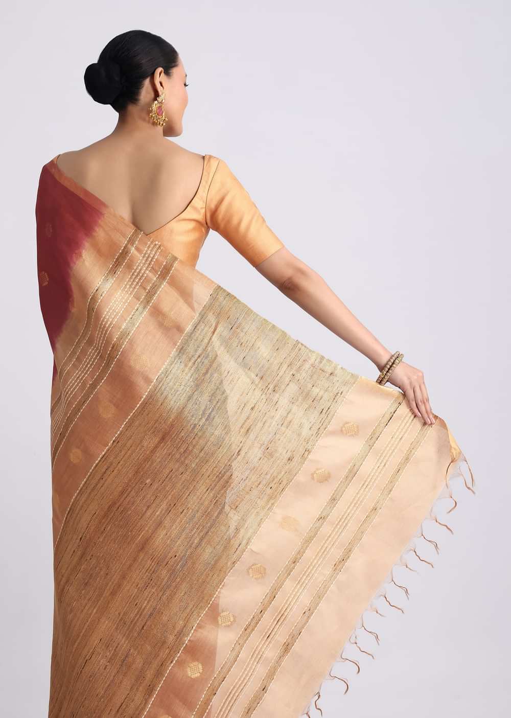 Brown Spun Silk Saree With Woven Butti Work